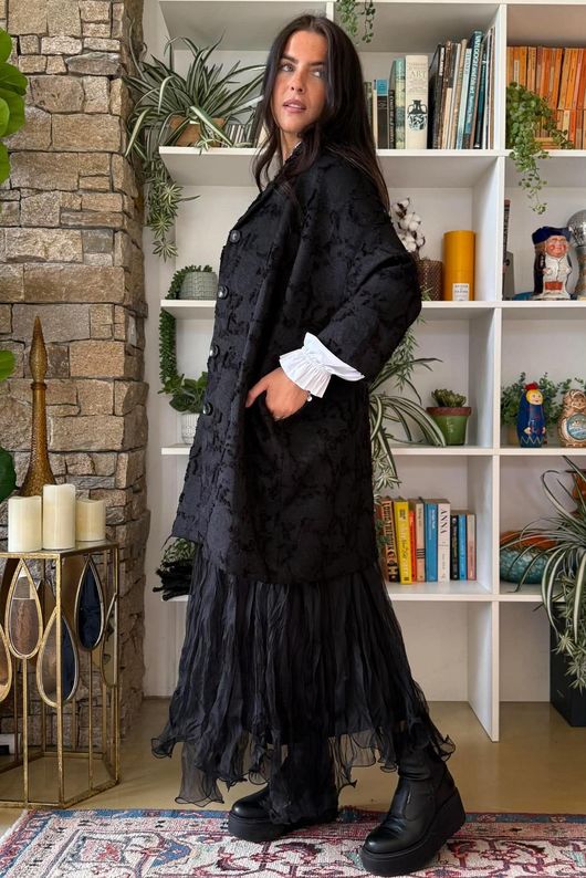 Bodi Jacquard Oversized Cocoon Coat Black